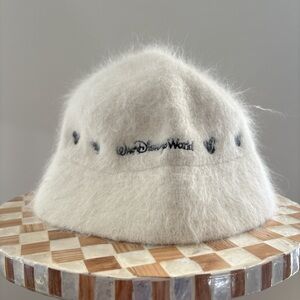 Disney Vintage Cream Fluffy Bucket Hat with Embroidered Black Mickey Mouse Icon.